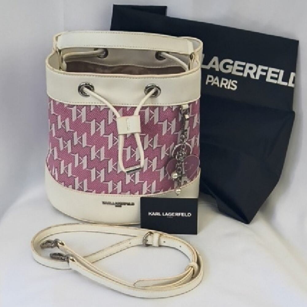 Like New Karl Lagerfield Paris Signature Leather Pink / Cream Bucket Bag